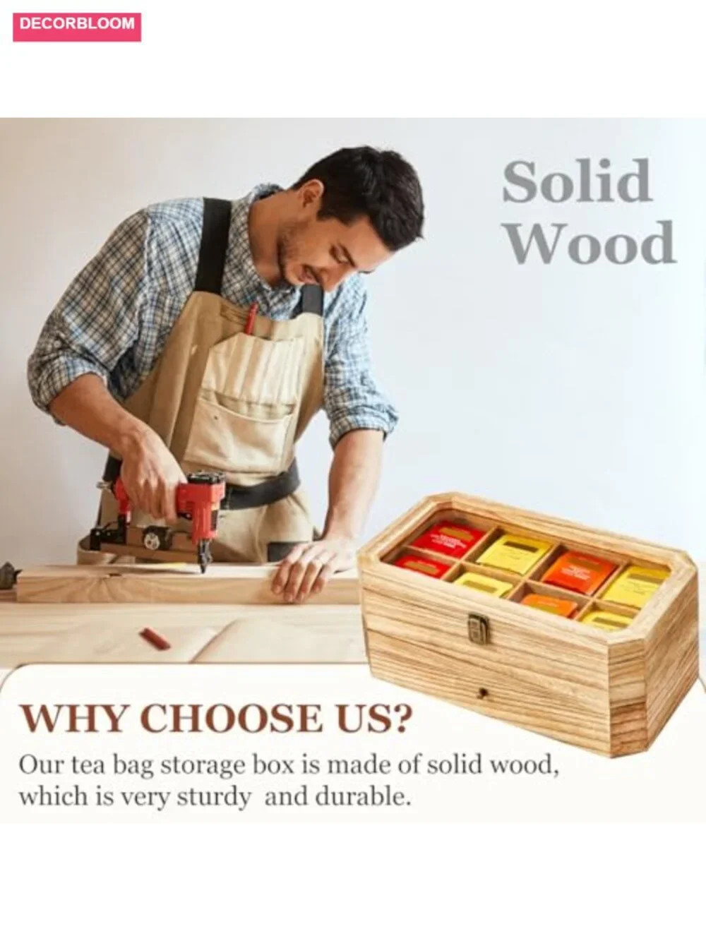 Solid Wood 2 Layer Tea Bag Organizer with Drawer Acrylic Window